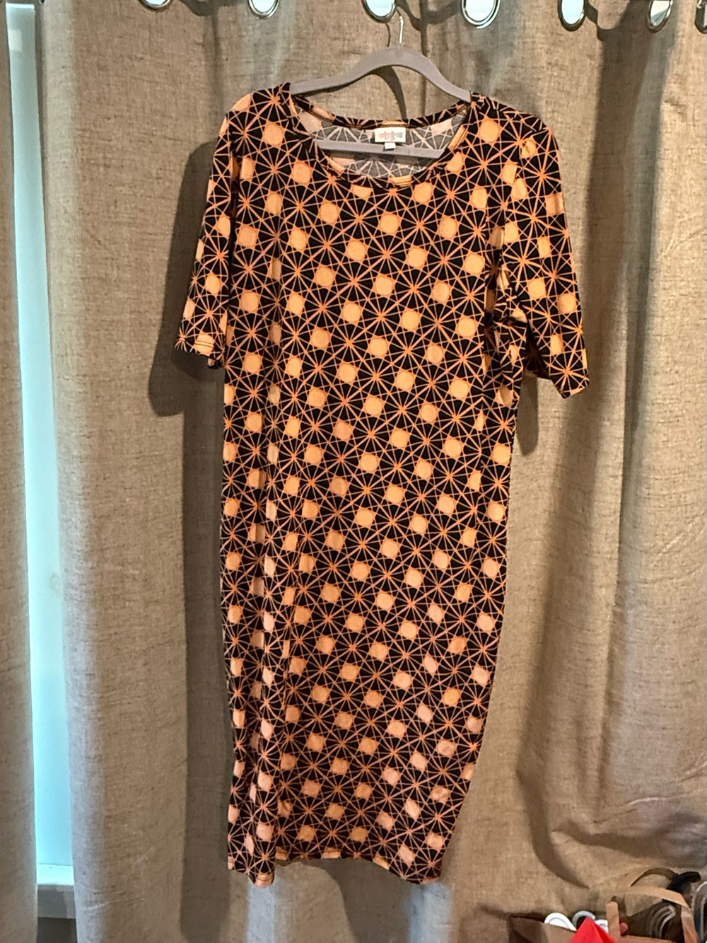 LuLaRoe Orange and Black Geometric Julia Midi Dress
